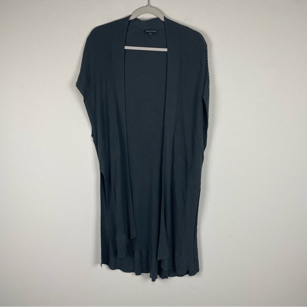 Eileen Fisher Gray Sleeveless Side Slit Long Cardigan Size Small Medium